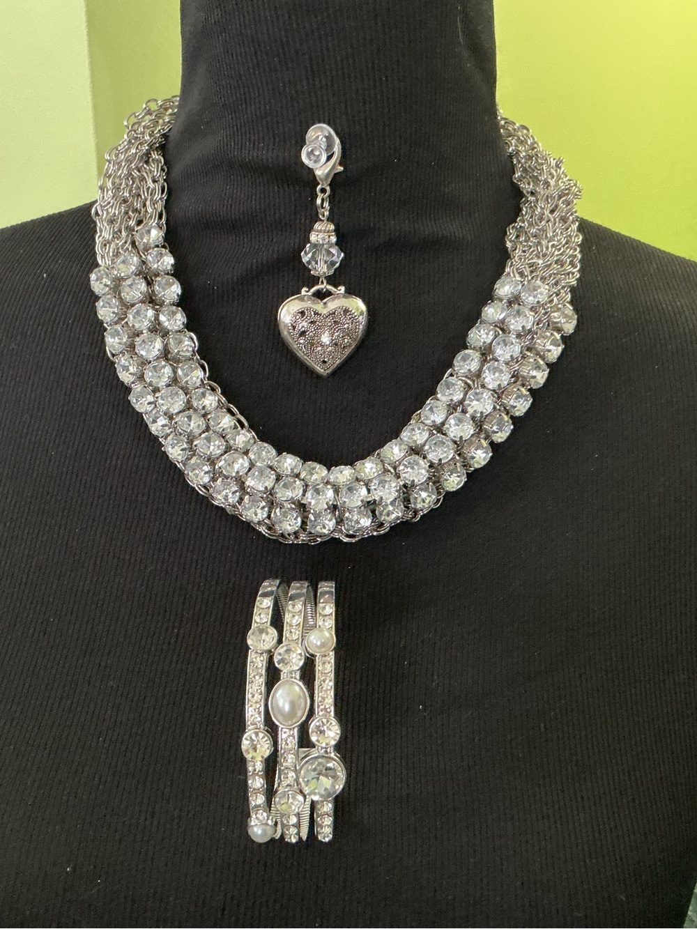 Chico's Silver-Tone Crystal Multi-Strand Necklace with Bracelet & Bag Charm